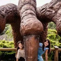 Dwie dziewczynki ukrywają się za gigantycznymi łapami dinozaura. Wspaniałe lublin atrakcje dla dzieci!