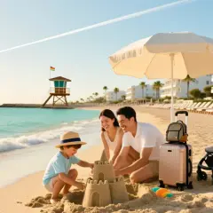 Rodzina buduje zamek z piasku na plaży. Idealne miejsce, gdzie z dzieckiem można spędzić wakacje.
