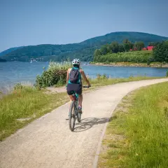 Kobieta na rowerze przemierza malownicze trasy rowerowe nad jeziorem, otoczona zielenią i górami.