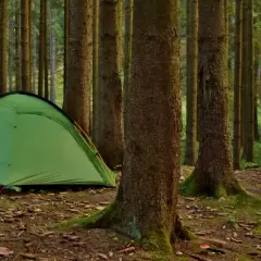 Zielony namiot i rowery czekają na przygodę. Idealne miejsce na camping w górach, wśród szumiących drzew.
