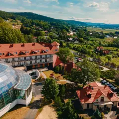 Kyriad Karkonosze: hotel z kopułą i basenem, otoczony zielenią i górami.