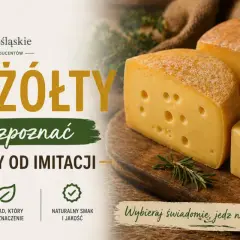 Kawałki sera żółtego na desce, z etykietami "Prawdziwy ser" i "Imitacja".