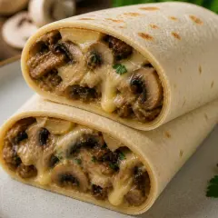 Pyszne burrito z pieczarkami i serem, idealne co do tortilli. Rozpływający się ser i aromatyczne pieczarki tworzą wspaniałe nadzienie.
