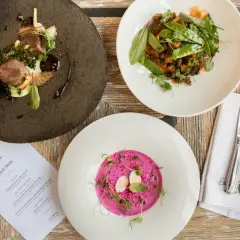 Eleganckie dania na drewnianym stole: mięso z dodatkami, warzywa z groszkiem i różowy chłodnik. Menu "Szara Gęś" zapowiada ucztę.