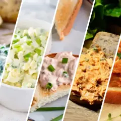 Pięć różnych past na kanapki: serowa z ziołami, jajeczna, łososiowa, warzywna i pomidorowa. Idealne na szybkie śniadanie lub przekąskę.