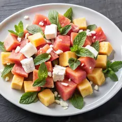 Orzeźwiająca sałatka z arbuzem, melonem i fetą, ozdobiona listkami mięty. Idealna na letnie dni.