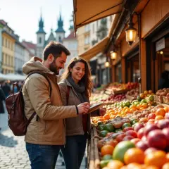 Para 3 dni w Pradze, ile koron na pamiątki i owoce z targu? Para planuje zakupy na kolorowym targu.