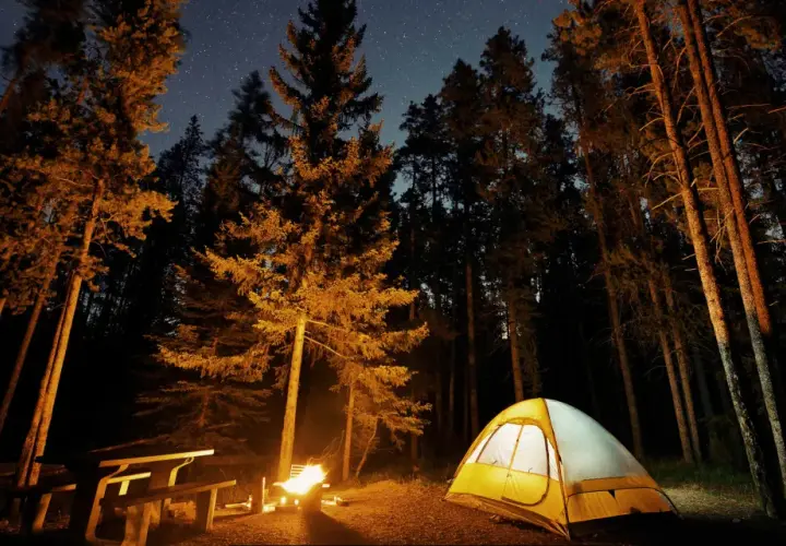 Nocne pola namiotowe w górach. Rozświetlony namiot i ognisko w lesie pod rozgwieżdżonym niebem.