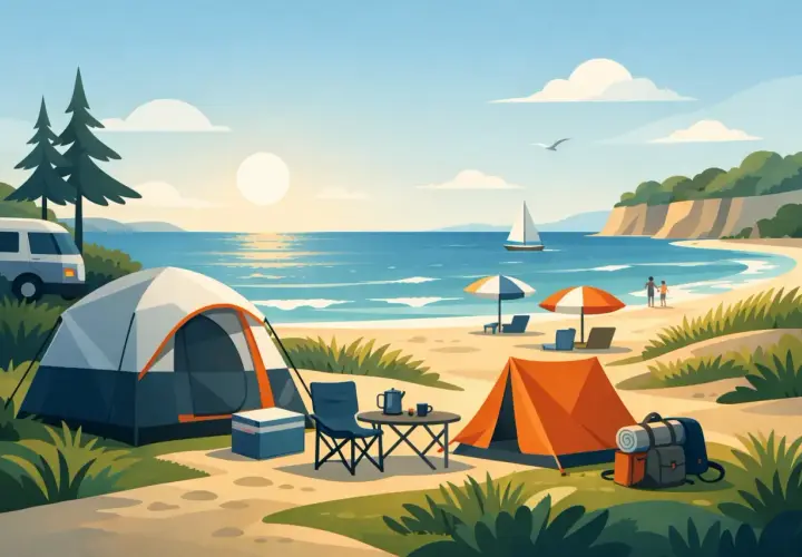 Idealny camping nad morzem: namioty, leżaki, stolik z kawą i widok na ocean. Słońce, plaża i relaks.