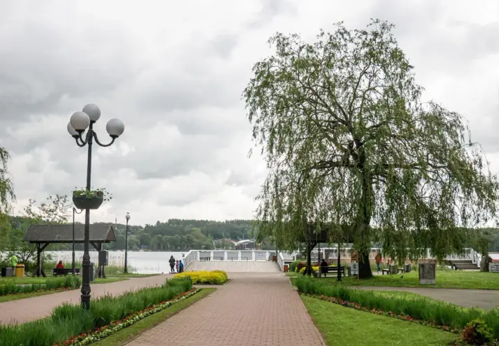 Spacer w Mrągowie nad jeziorem, z wierzbą płaczącą i kwitnącymi rabatami. Idealne miejsce na relaks i podziwianie mrągowskich atrakcji.