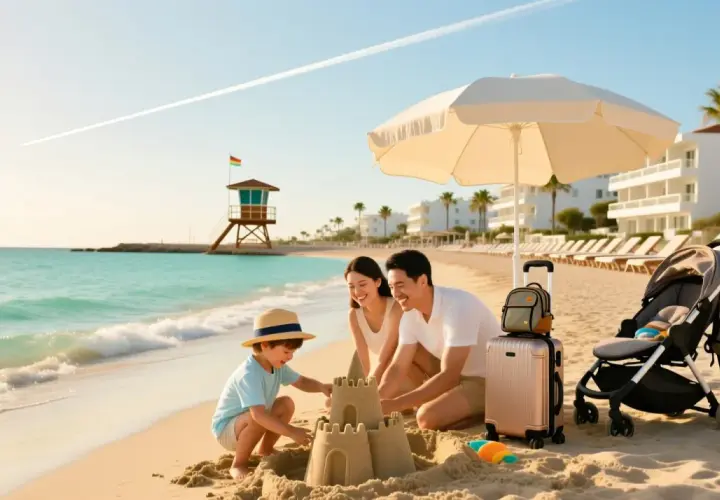 Rodzina buduje zamek z piasku na plaży. Idealne miejsce, gdzie z dzieckiem można spędzić wakacje.