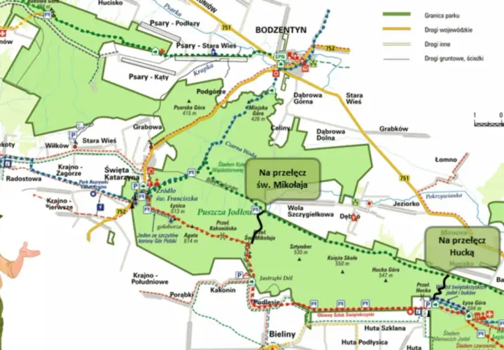 Mapa turystyczna Gór Świętokrzyskich na weekend. Znajdziesz tu szlaki piesze, drogi i ciekawe miejsca.