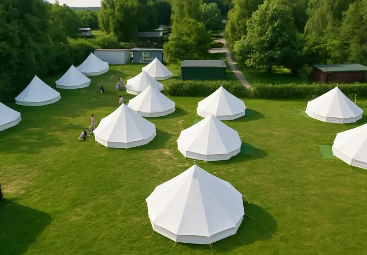 Wioska glampingowa nad morzem. Białe namioty tipi na zielonej trawie, otoczone drzewami.