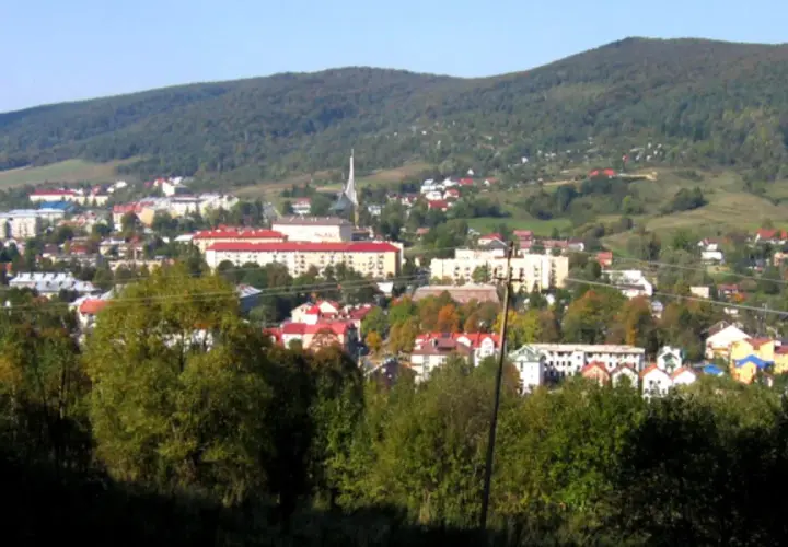 Widok na Ustrzyki Dolne z górami w tle. Miasto z czerwonymi dachami i nowoczesnymi budynkami, otoczone zielenią. Atrakcje turystyczne czekają!