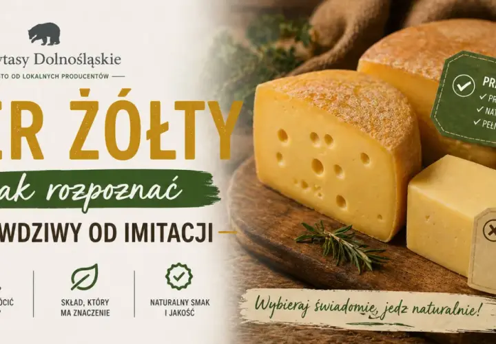 Kawałki sera żółtego na desce, z etykietami "Prawdziwy ser" i "Imitacja".