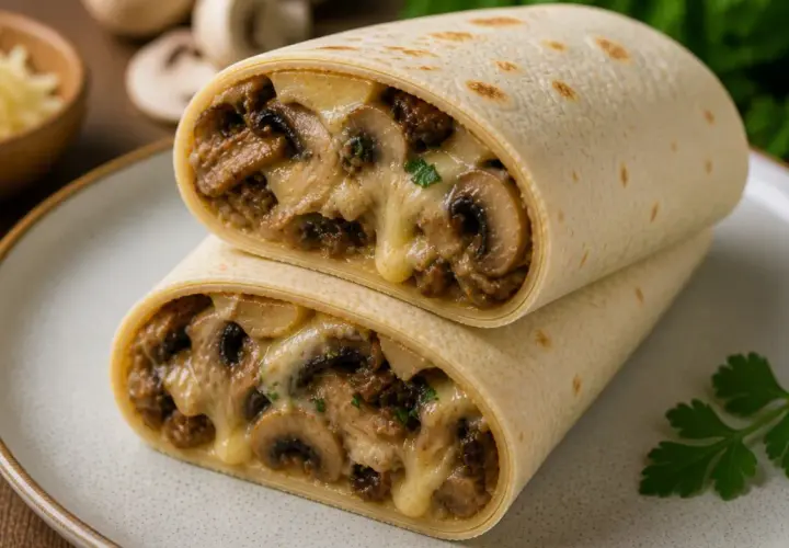 Pyszne burrito z pieczarkami i serem, idealne co do tortilli. Rozpływający się ser i aromatyczne pieczarki tworzą wspaniałe nadzienie.