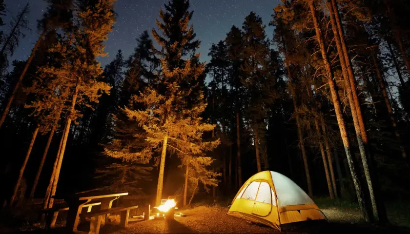 Nocne pola namiotowe w górach. Rozświetlony namiot i ognisko w lesie pod rozgwieżdżonym niebem.