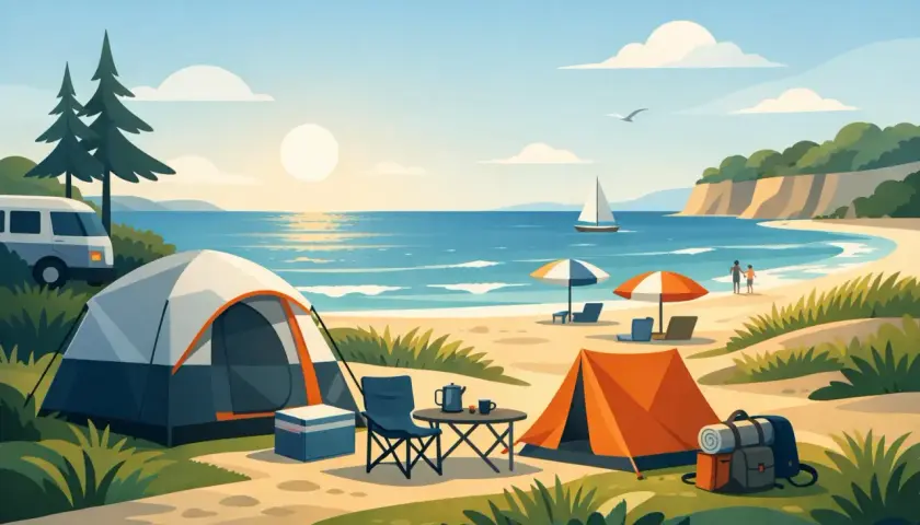Idealny camping nad morzem: namioty, leżaki, stolik z kawą i widok na ocean. Słońce, plaża i relaks.