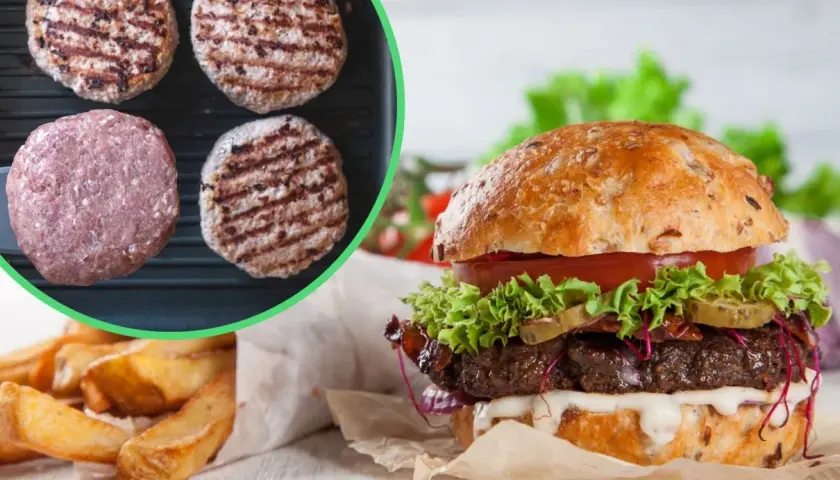 Pyszny hamburger przepis: surowe i grillowane kotlety wołowe, bułka, sałata, pomidor, ogórek, cebula i frytki.