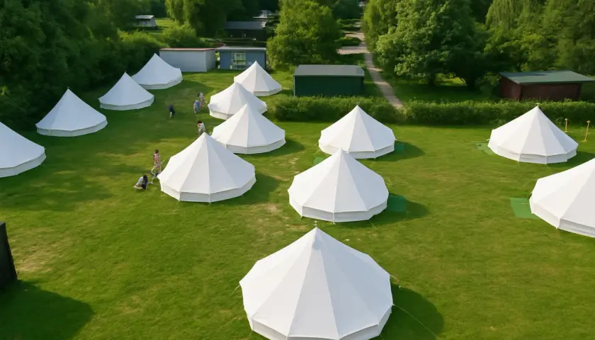 Wioska glampingowa nad morzem. Białe namioty tipi na zielonej trawie, otoczone drzewami.