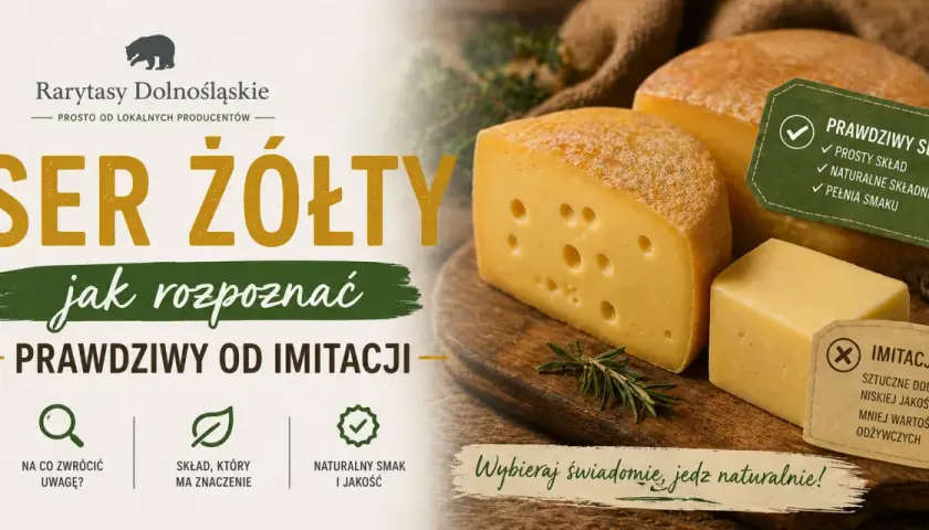 Kawałki sera żółtego na desce, z etykietami "Prawdziwy ser" i "Imitacja".