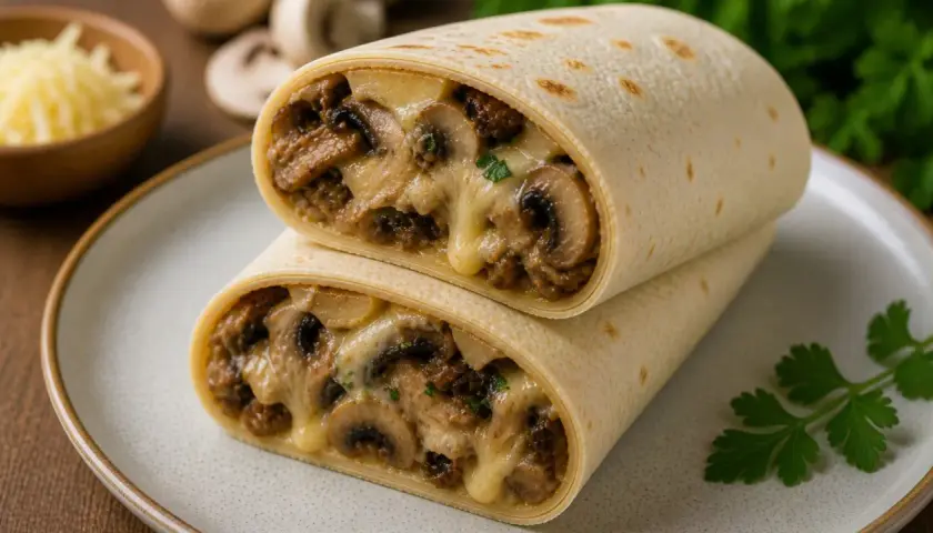 Pyszne burrito z pieczarkami i serem, idealne co do tortilli. Rozpływający się ser i aromatyczne pieczarki tworzą wspaniałe nadzienie.