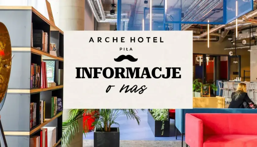 Arche Hotel Piła: informacje o nas. Nowoczesne wnętrza, bar, strefa relaksu z sofami i regały z książkami.