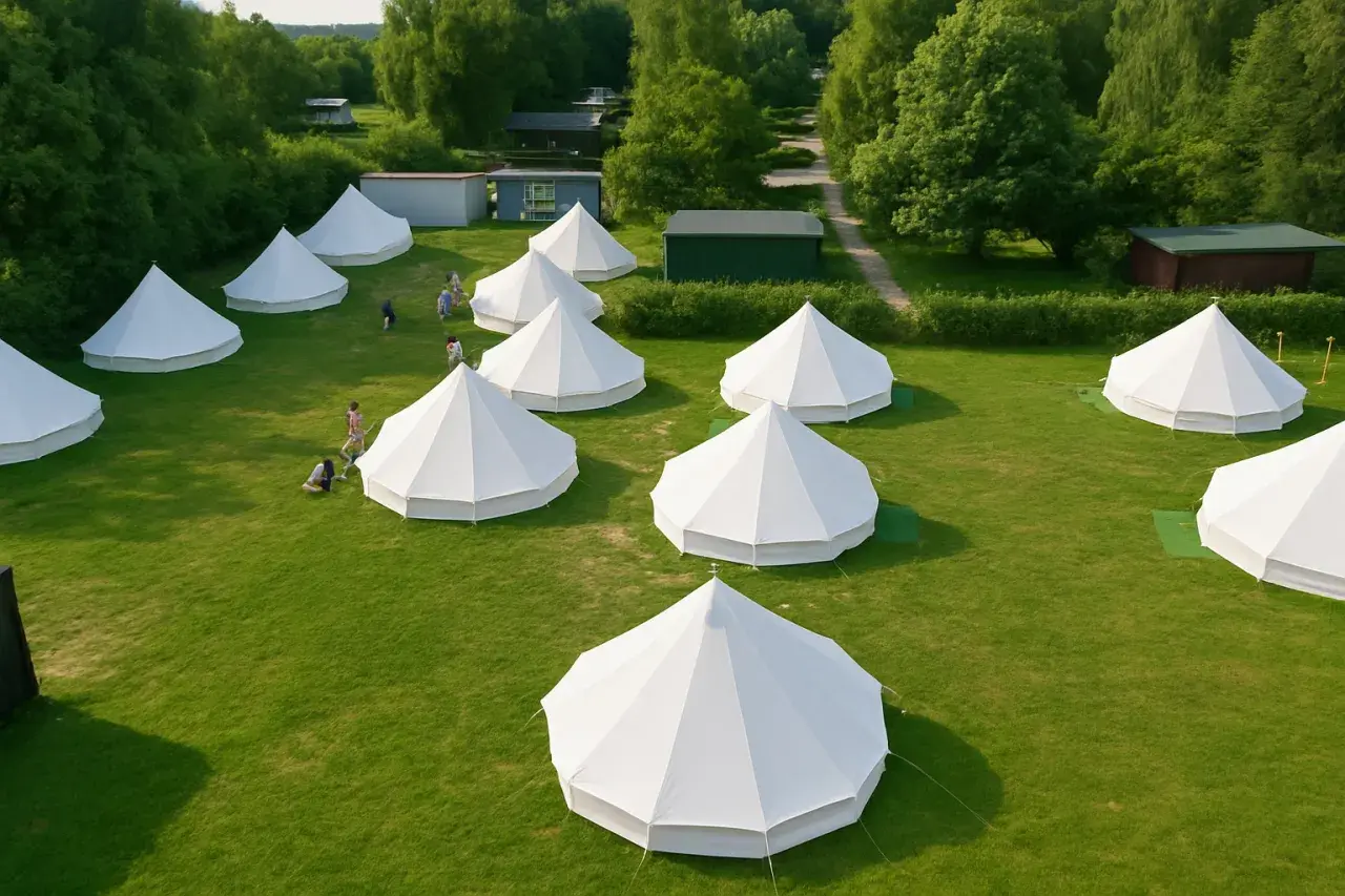 Wioska glampingowa nad morzem. Białe namioty tipi na zielonej trawie, otoczone drzewami.