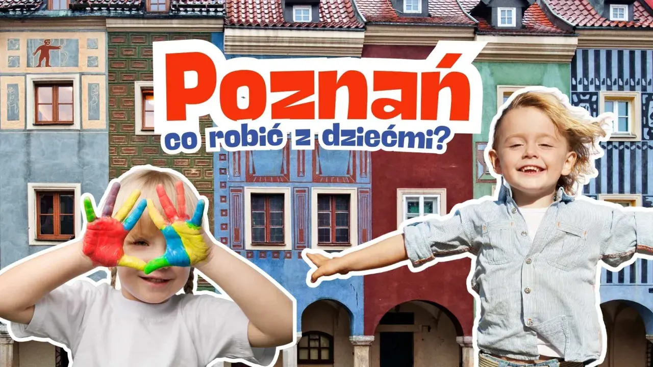 Wesołe dzieci z kolorowymi dłońmi na tle kolorowych kamieniczek. Poznań oferuje mnóstwo atrakcji dla dzieci!