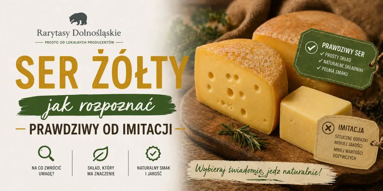 Kawałki sera żółtego na desce, z etykietami "Prawdziwy ser" i "Imitacja".