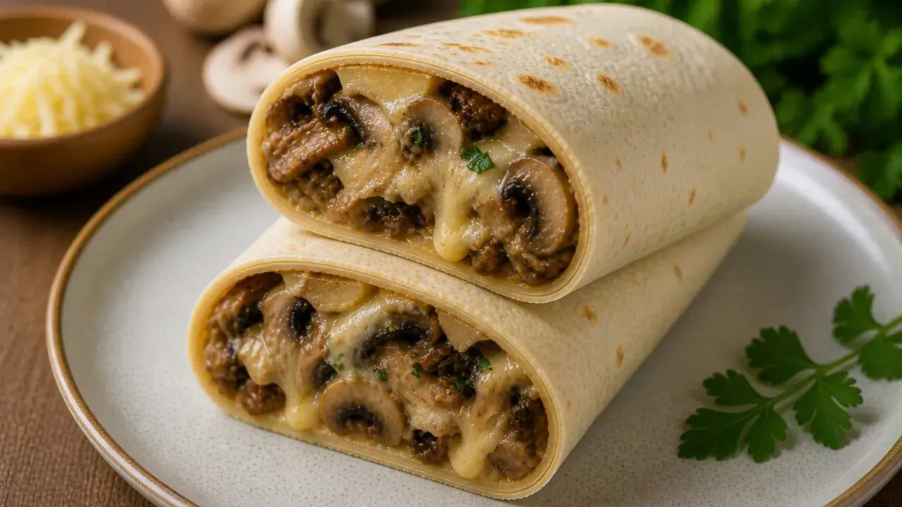 Pyszne burrito z pieczarkami i serem, idealne co do tortilli. Rozpływający się ser i aromatyczne pieczarki tworzą wspaniałe nadzienie.