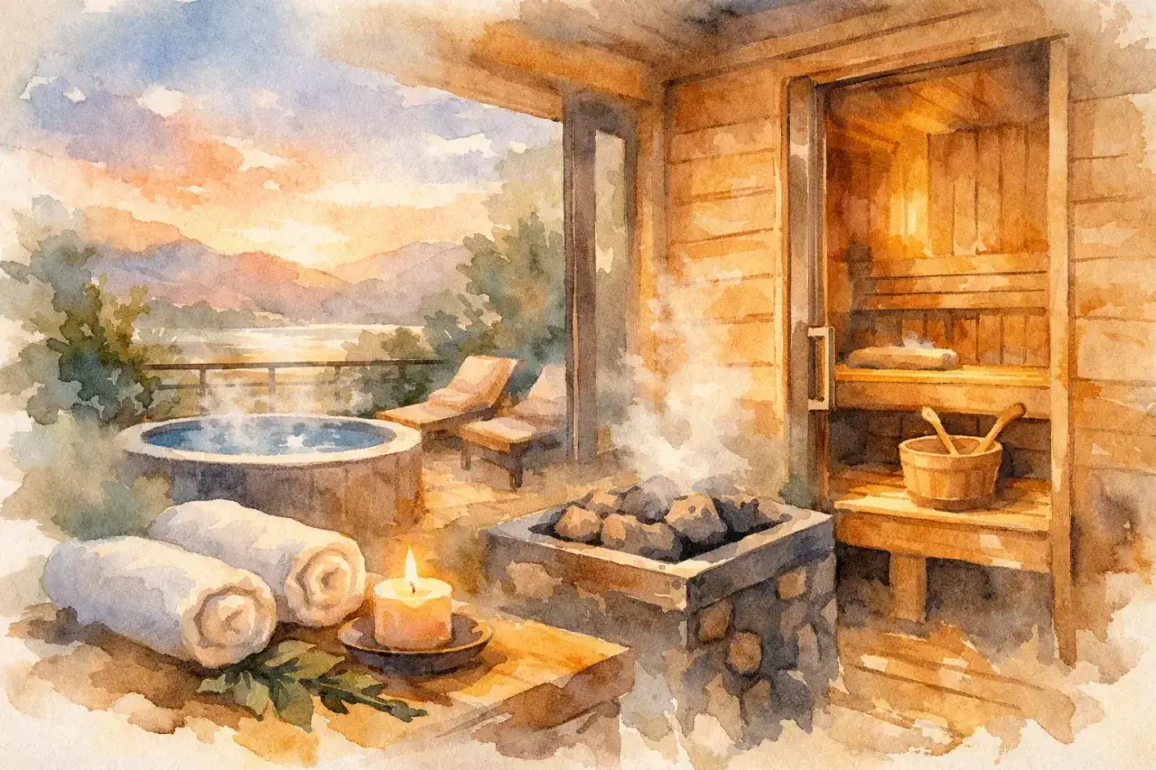Relaks przy zachodzie słońca: gorąca balia, świeca i parująca sauna w lesie.