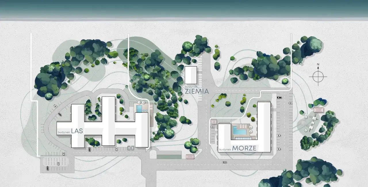 Plan osiedla Saltic Resort & Spa Łeba: budynki LAS, ZIEMIA i MORZE otoczone zielenią, blisko plaży.