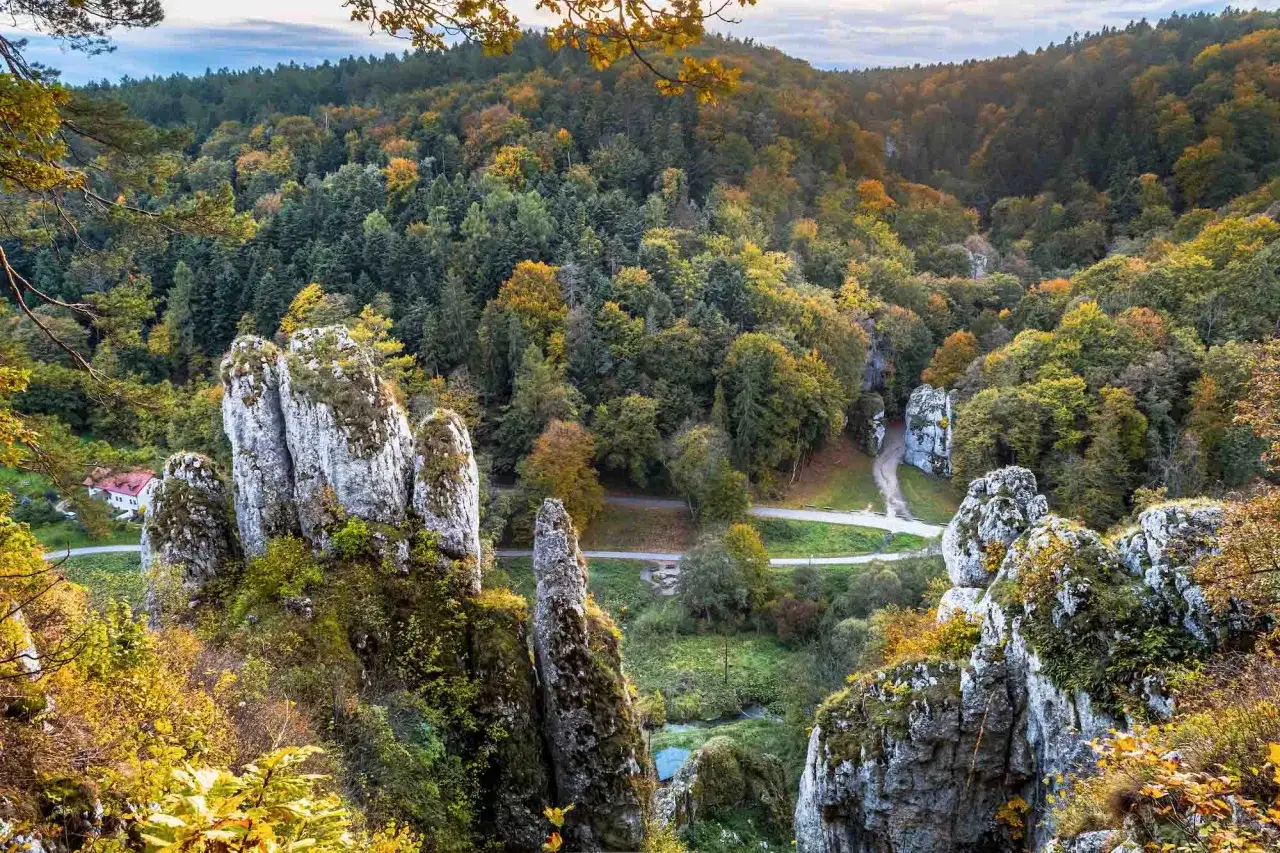 Jesień w Ojcowskim Parku Narodowym. Widok na wapienne skały i lasy, idealne na wycieczkę rowerem.