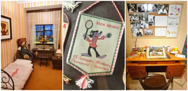W muzeum bajek Rzeszów zobaczysz pokój z pluszowym misiem, baner sportowy z wilkiem i biurko artysty.